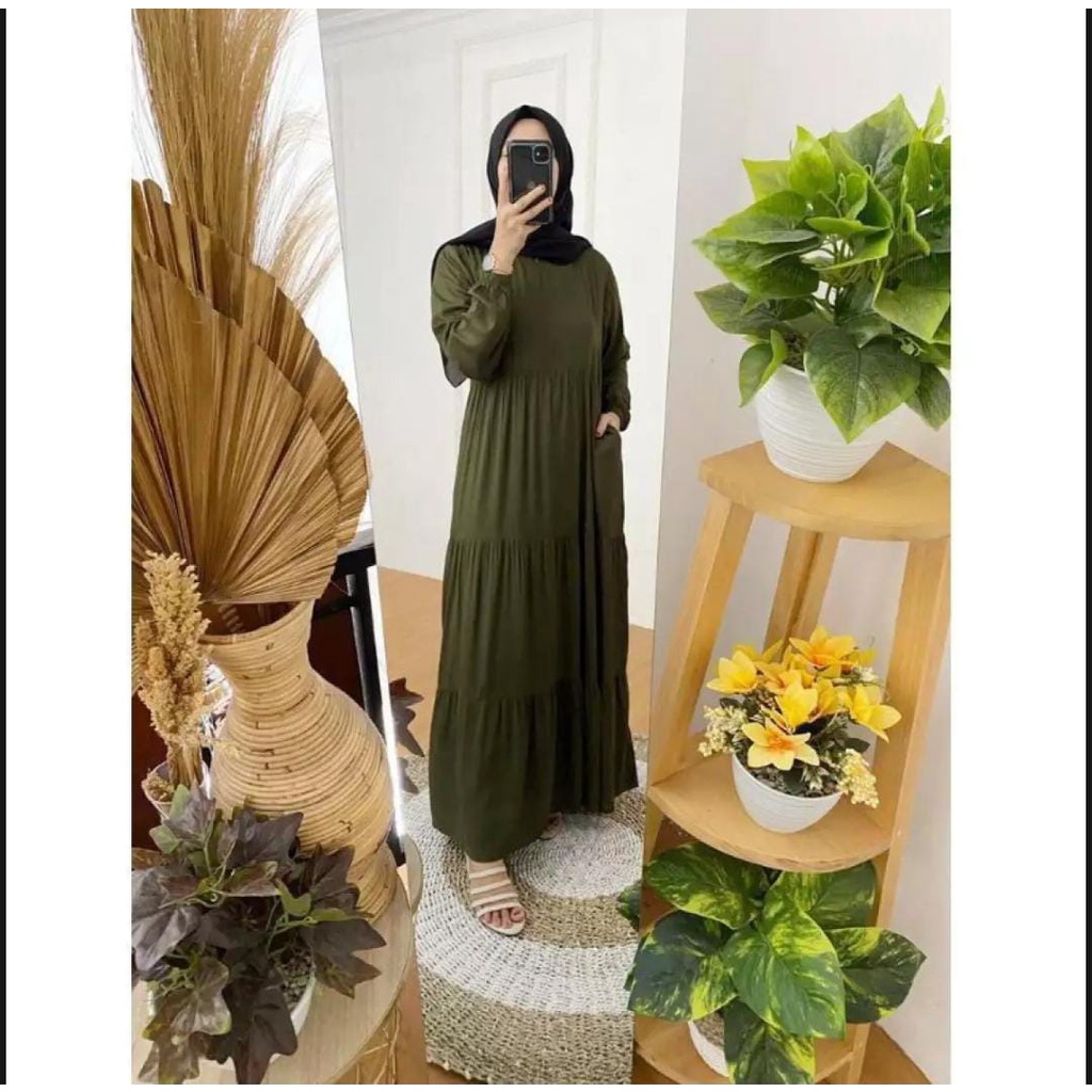 Gamis Rempel Susun Bahan Crinkle Airflow / Busana Muslimah Terbaru / Gamis Wanita Terbaru / Pakaian wanita Terlaris-Hijau Army