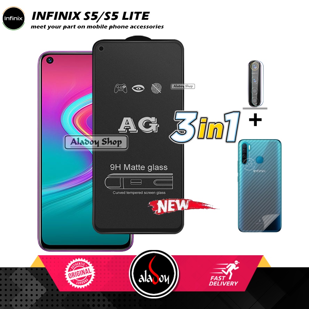 Paket 3IN1 Tempered Glass Layar Matte Anti Glare Infinix S5/S5 Lite Free Tempered Glass Camera dan Skin Carbon