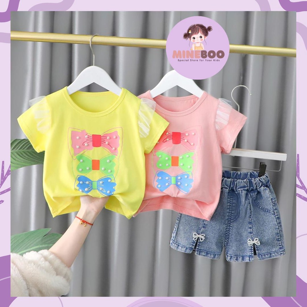 mineboo - SET RIBBON MOTEK EBV 1-5tahun Setelan anak perempuan baru/versi Korea kartun celana denim/baju anak perempuan