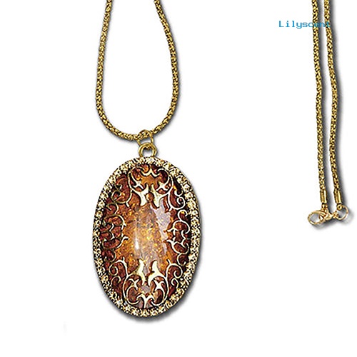 [LS]Wanita Vintage Amber Hollow Liontin Kalung Rantai Panjang Perhiasan Hadiah