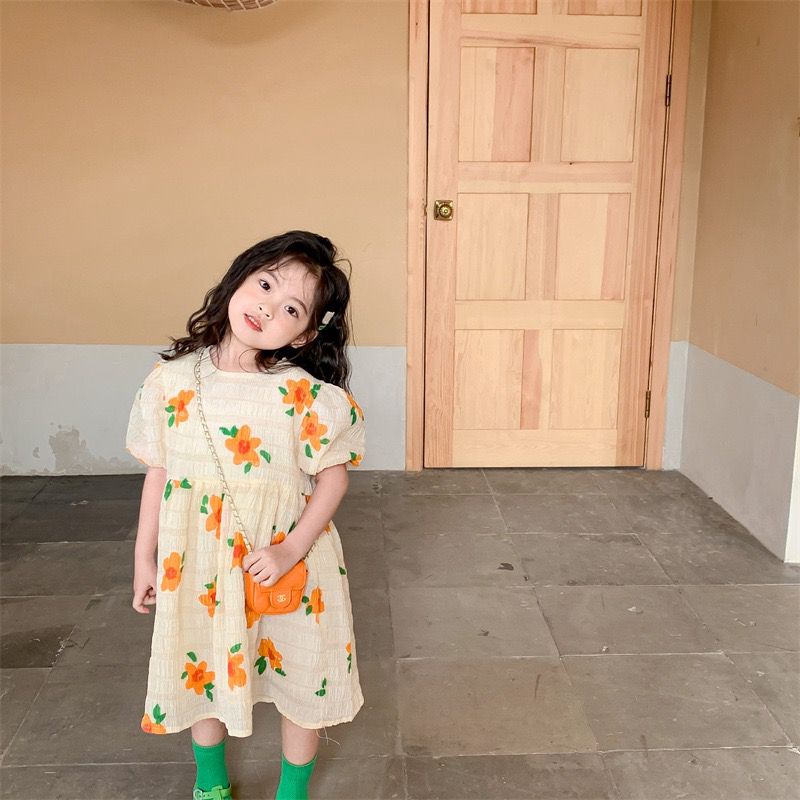 Dress Anak Perempuan Korean Fashion Import - Motif Flower Orens Hijau