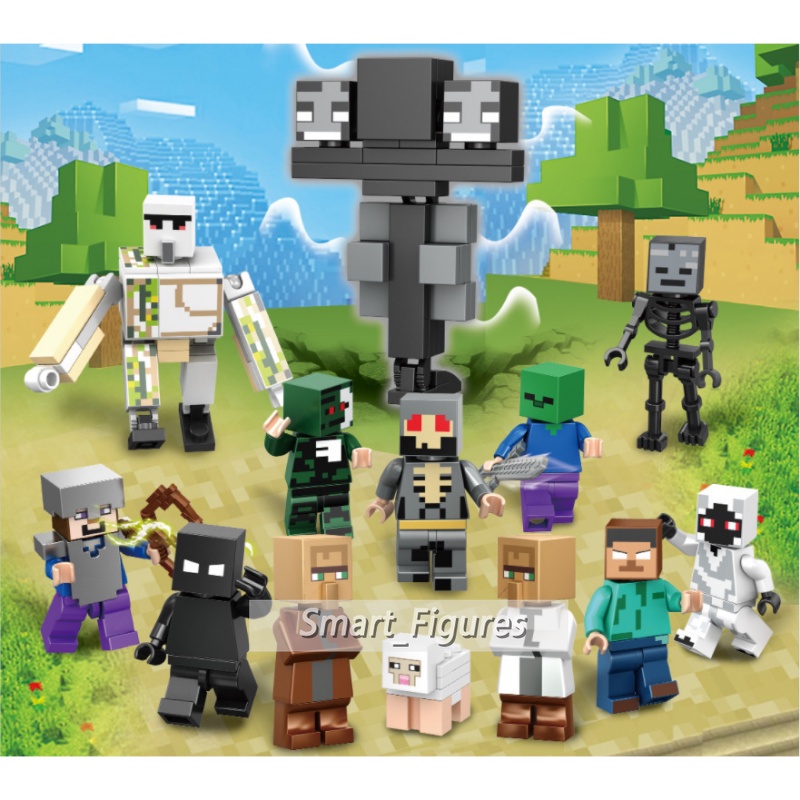 Mc Minifigures Mainan Hadiah 16jenis Angka Mini Besi Golem Steve Merayap Enderman Zombie Desa Kerangka Penyihir