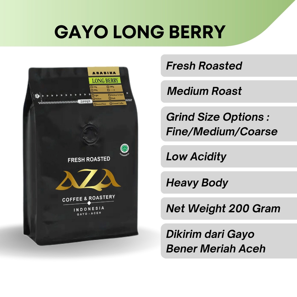 

Aza Coffee Kopi Arabika Aceh Gayo Long Berry 200g Single Origin Bubuk Arabica Coffe Powder Biji Roasted Beans