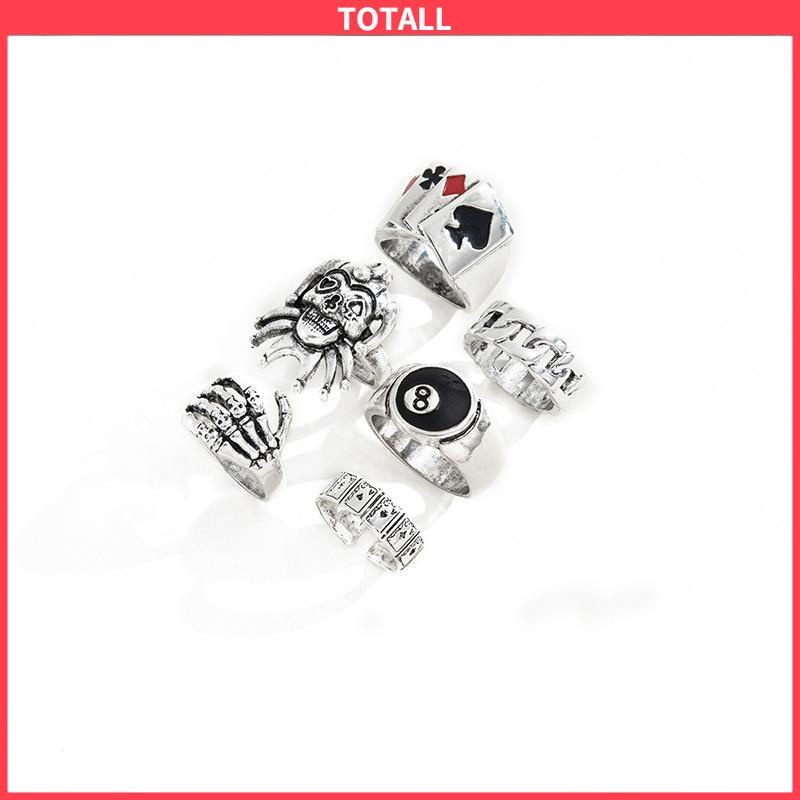 COD 6PCS/Set Cincin Unisex  Punk Membesar-besarkan  Badut Poker Cakar Hantu Tengkorak  Perhiasan Bulat Nomor 8-Totall