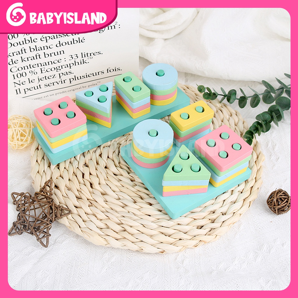 Montessori 3D Puzzle Stacking Warna Wooden Toy Matching Shape Mainan Mainan Anak 2 Tahun Puzzle Kayu