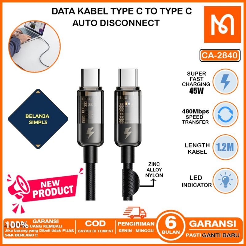 MCDODO Kabel Data PD Type C To Type C FAST Charging Auto Off 5A/100W CA-2840 CA 2840 Charge C to C