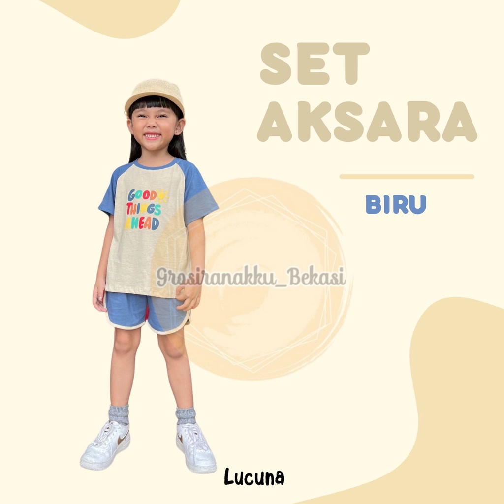 Setelan Anak Cewek Aksara Lucuna  Warna Biru Size 1-5 THN