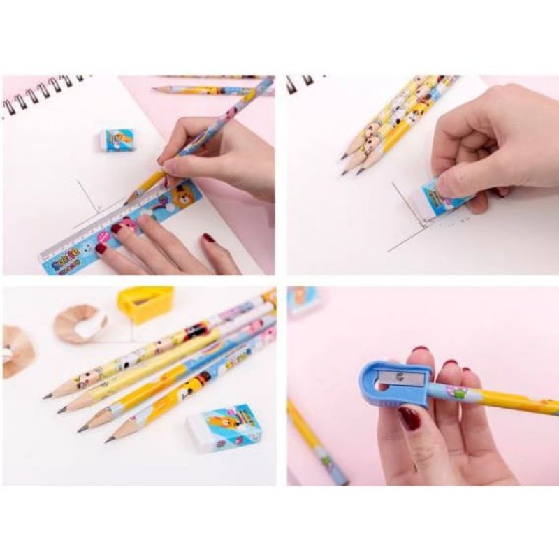 SATU SET PAKET ALAT TULIS  SEKOLAH 5 IN 1 KARAKTER STATIONARY ATK SEKOLAH PENSIL PENGHAPUS PENGGARIS GEROTAN ANAK