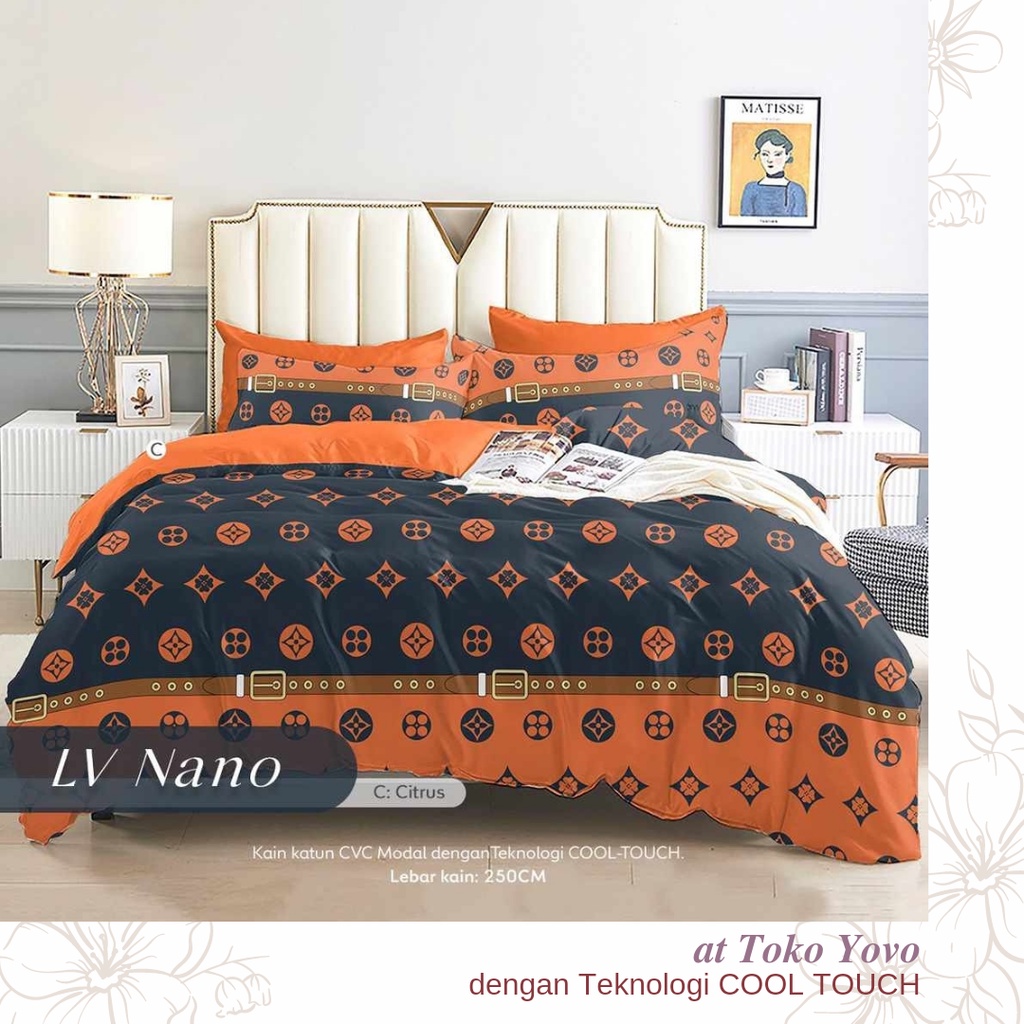 Sprei Katun Halus Pria LV Motif Nano Mewah Orange Hitam Black Seprei