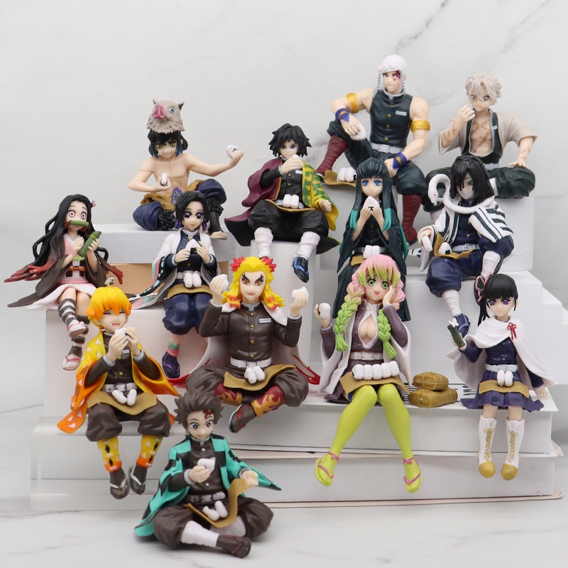 Mainan Action Figure Anime Demon Slayer Nezuko Tanjirou Shinobu Zenitsu Hashibira Inosuke Eat Rice Ball Kimetsu No Yaiba Bahan PVC