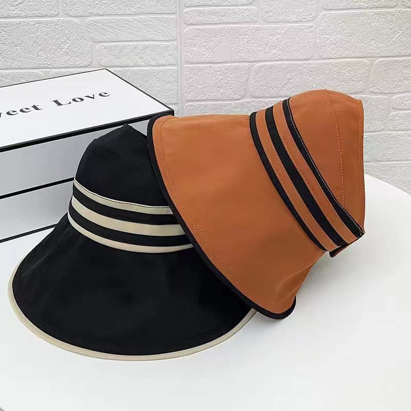 Topi Pantai Lipat Wanita Motif Garis Anti UV Gaya Korea Fashion Top Hat Summer Women Import