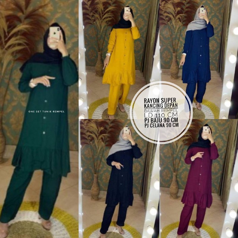 Setelan Tunik Wanita Bahan Rayon Motif Polos Kancing Depan Fashion Muslim Kekinian Terbaru