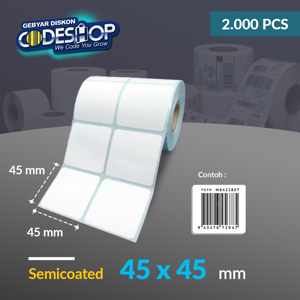 

Codeshop Label Semicoated 45x45 / 45 x 45 mm / 45x45mm 2 Line Stiker Printer Barcode Isi 2000 Pcs