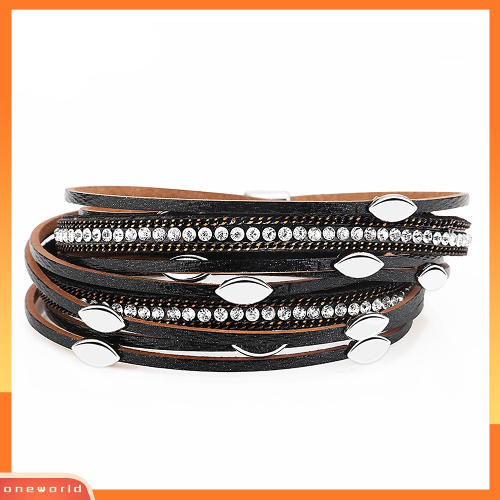 [WONE] Fashion Wanita Daun Pesona Berlian Imitasi Multi Layer Gelang Bangle Perhiasan Hadiah