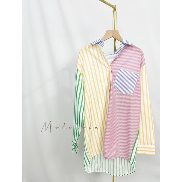 MDLV ~ 2470# Annora Patchwork Striped Shirt Kemeja Salur Import