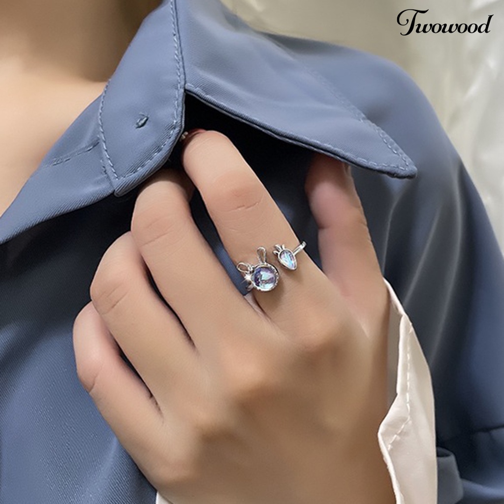 Twowood Wanita Cincin Shiny Faux Moonstone Animal Element Adjustable Opening Design Hadiah Hias Kelinci Kecil Lobak Jari Cincin Perhiasan Pesta Untuk Pacaran