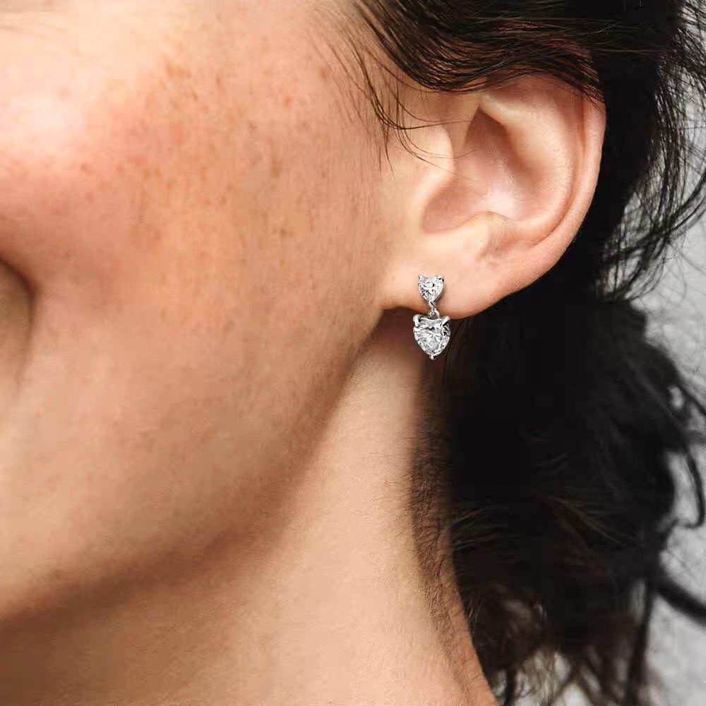 Pandora Anting Woman925 Perak Ganda Hati Cubic Zirconia Anting Berlian