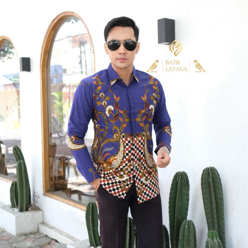 Batik Catur Biru Kemeja Lengan Panjang Full Puring Premium