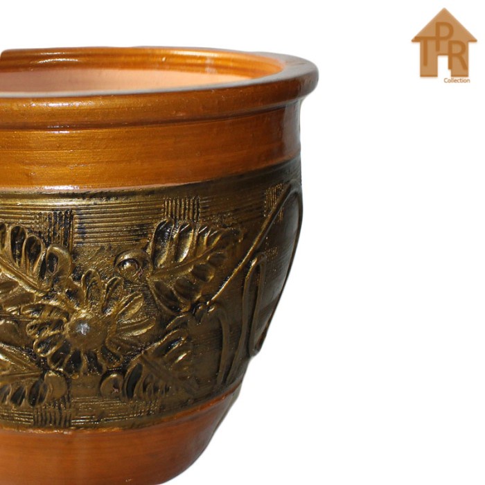 Pot Tanah Liat / Pot Bunga Motif Kontur Bunga Finish Duco