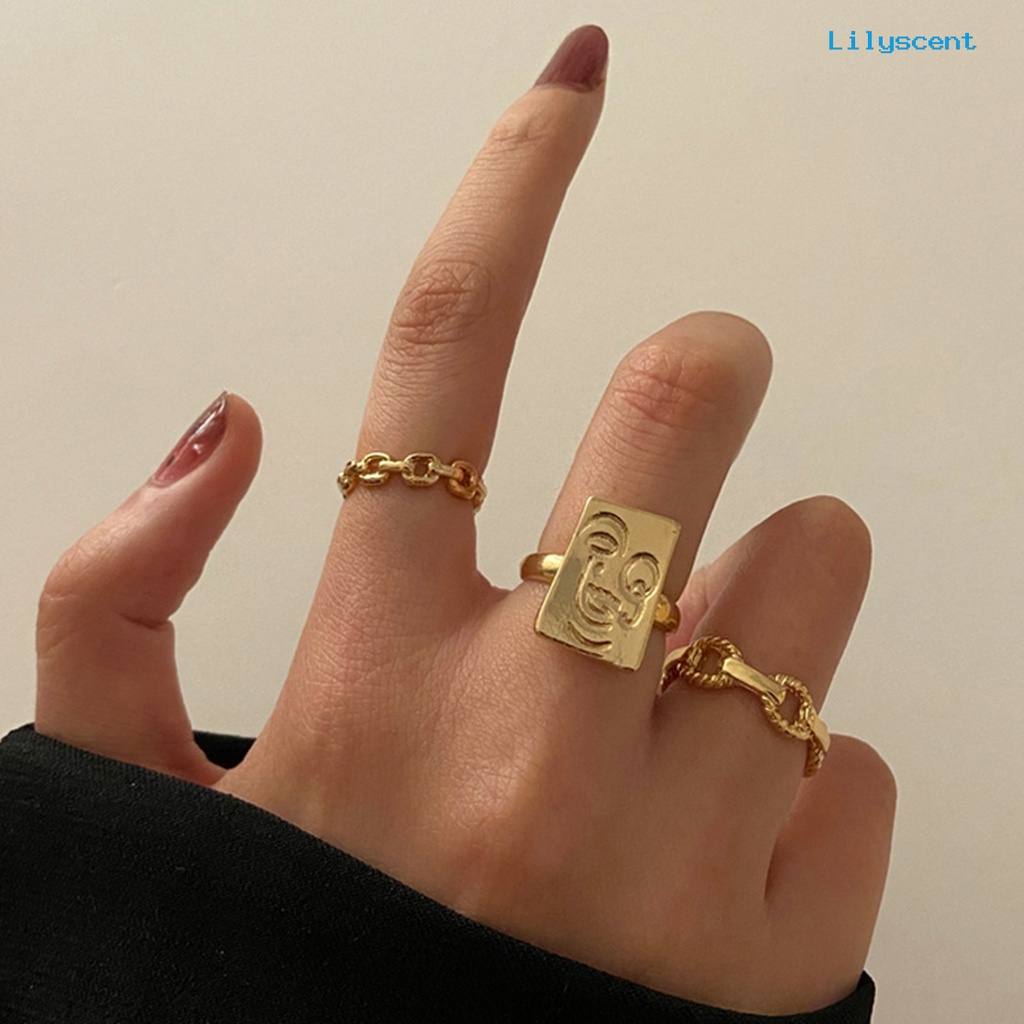 [LS]3Pcs Wanita Cincin Adjustable Wajah Tersenyum Memutar Rantai Terbuka Jari Cincin Perhiasan Untuk Pakaian Sehari-Hari