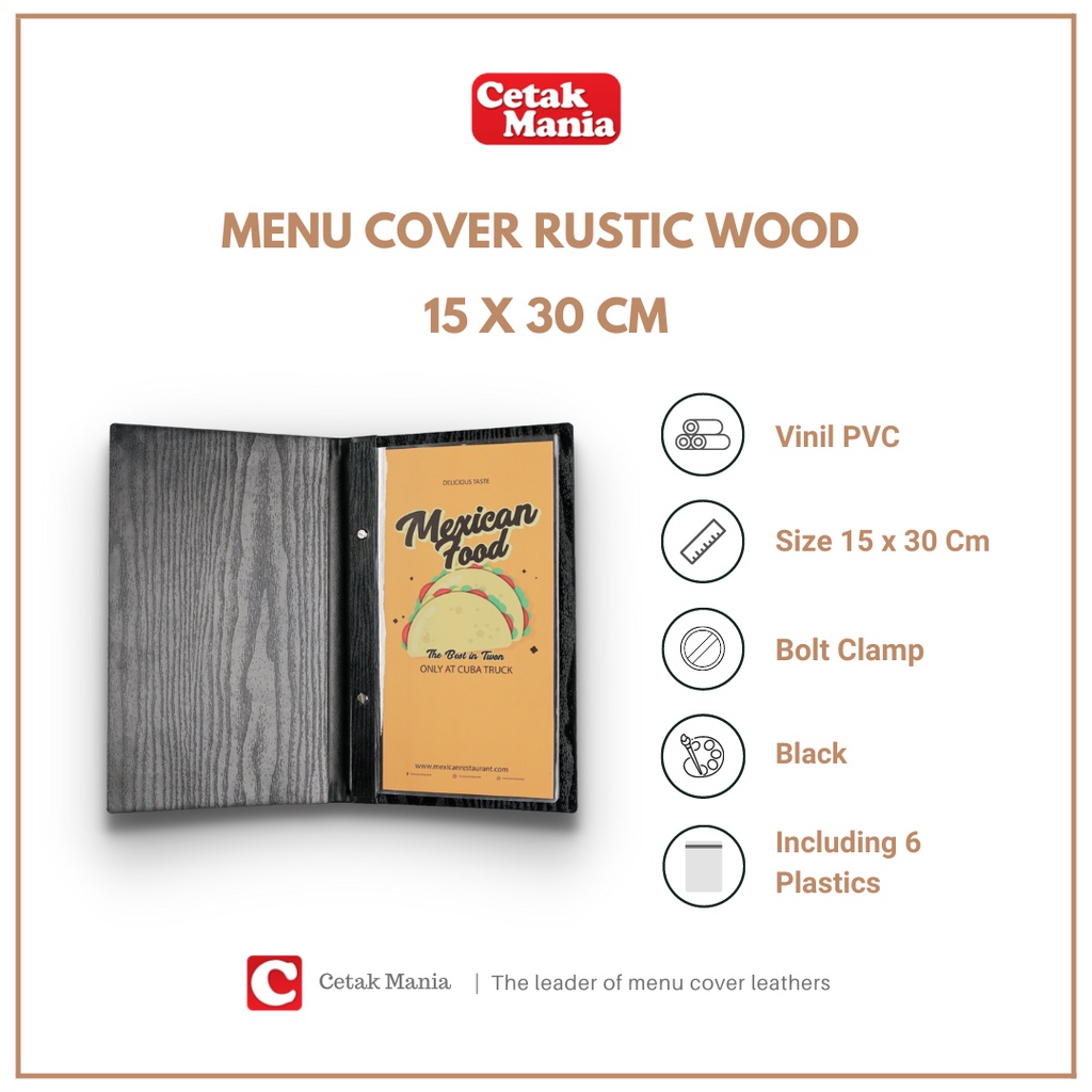 

Buku Menu Vinyl PVC hitam model jepit baut isi plastik mika ukuran 15x30 cocok untuk Restoran Cafe Hotel