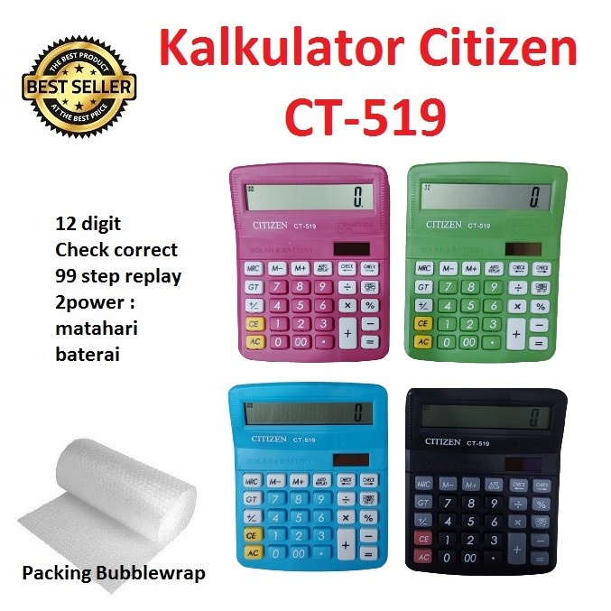 

CUCI GUDANG kalkulator Citizen CT-519 / 12digit / Calculator CT 519 Warna Warni