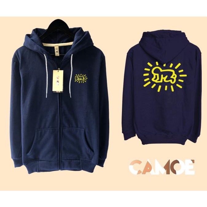 Jacket Keith Haring UT Sweater Hoodie Pria Bahan Fleece Sablon Polyflex Zipper Resleting Depan