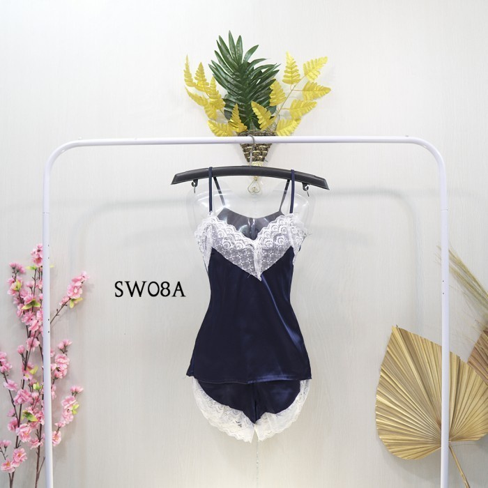 BAJU TIDUR SEKSI PIYAMA TANKTOP SILK PREMIUM LINGERIE LACE PINK SW08D BEST QUALITY