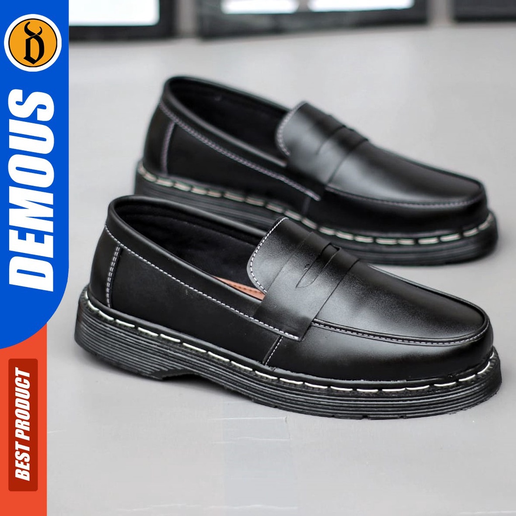 DEMOUS Vay - Sepatu Loafer Docmart Pantofel Formal Kerja Pria Hitam