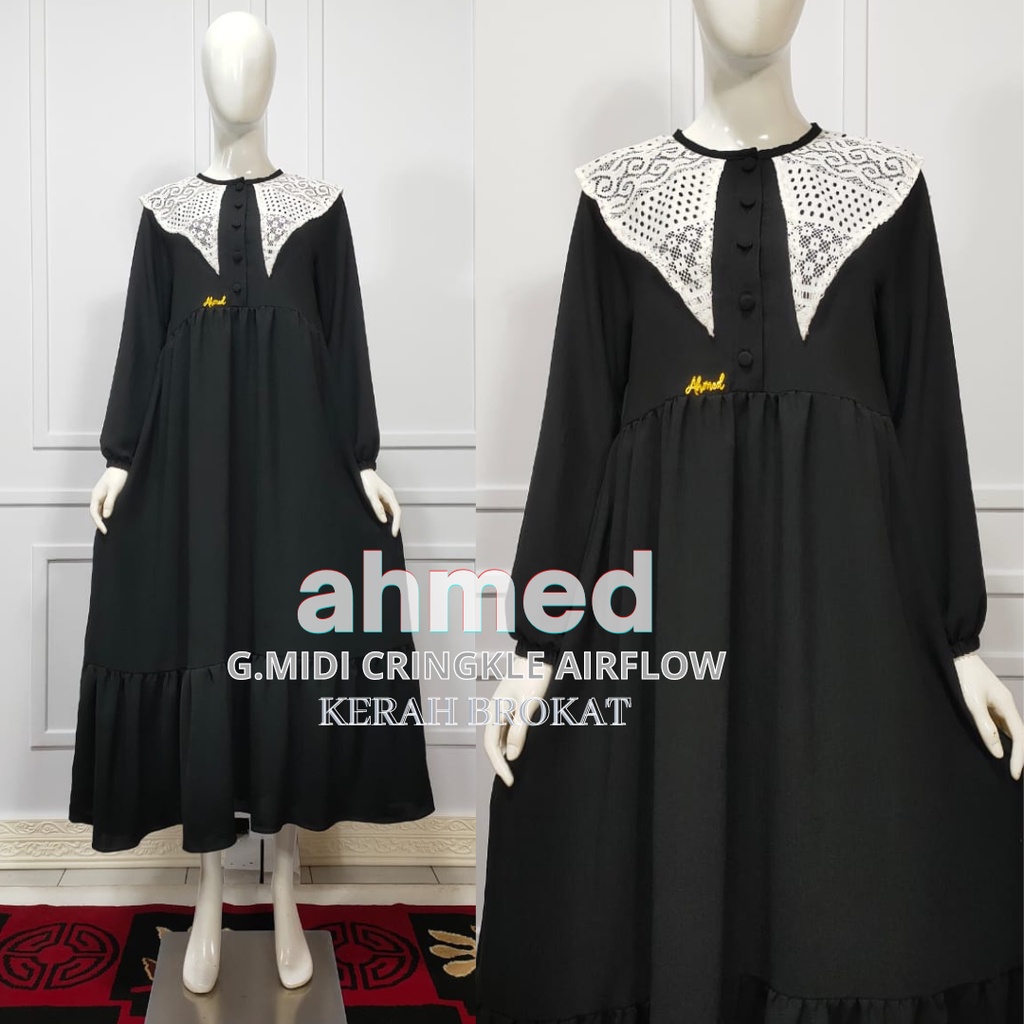 GAMIS MIDI CRINGKLE AIRFLOW PREMIUM/GAMIS KRINGKEL KERAH BROKAT/GAMIS SAGE MIDI DRESS KERAH BROKAT S
