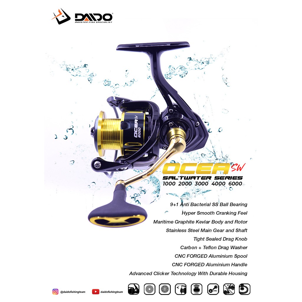 Reel Pancing Daido Ocea SW Pro Series 1000 - 5000 (9+1Bearing) Salt Water PH - Engkus Fishing