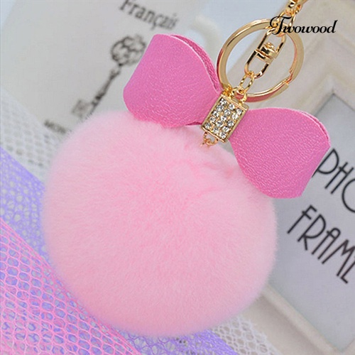 Twowood Faux Rabbit Fur Pom Pom Fluffy Puff Ball Ikatan Simpul Tas Mobil Gantungan Kunci Ring Keychain