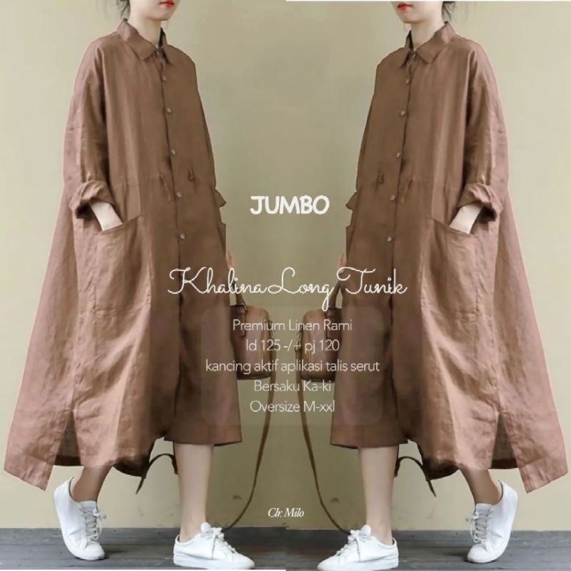 LONG TUNIK JUMBO KATUN LINEN PREMIUM/MIDI DRESS POLOS FULL KANCING DEPAN/TUNIK OVERSIZE/FAR MOSLEMSTORE