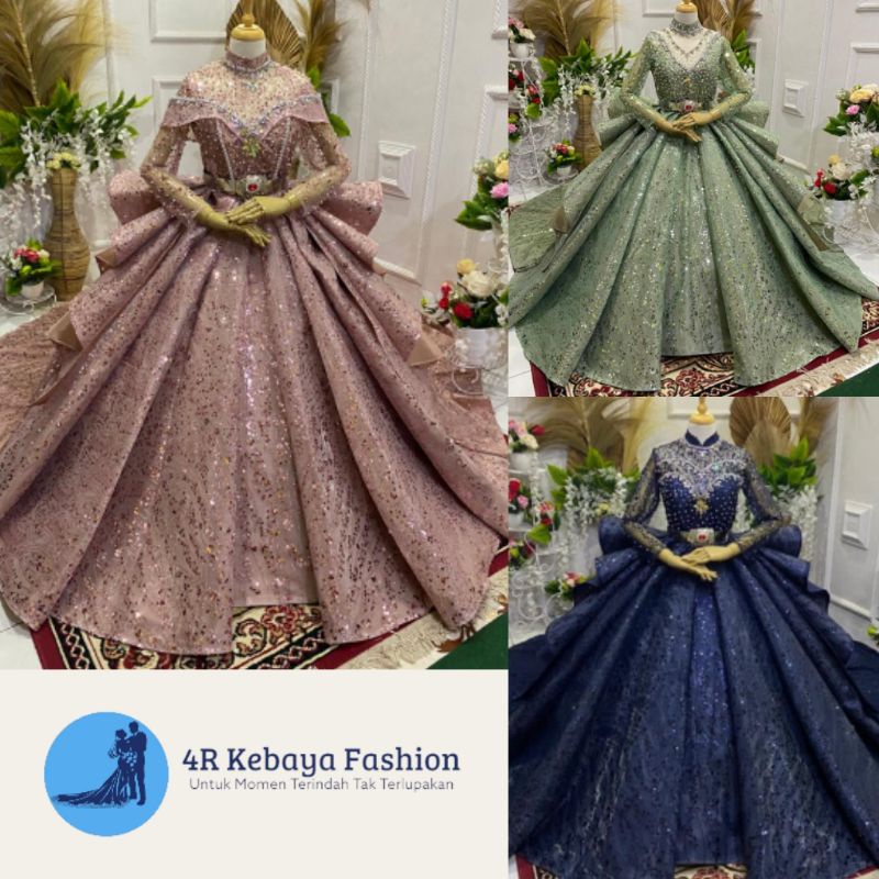 4R Fashion | Gaun Pengantin Payet Muslim Crinolin Cantik / Wedding Dress Crinolin Mewah