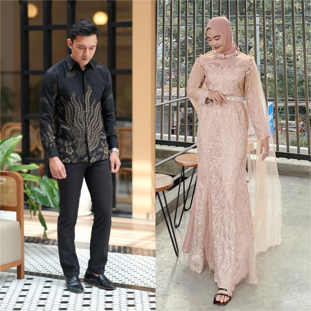 SHOPASHOP SOLO Batik Couple New Dress Raya Fateema &amp; Kemeja Batik Lengan Panjang M L XL