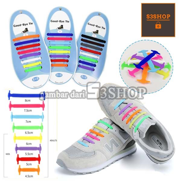 Tali Sepatu Silikon Premium Elastis Free Size Dewasa Anak 16pcs Warna