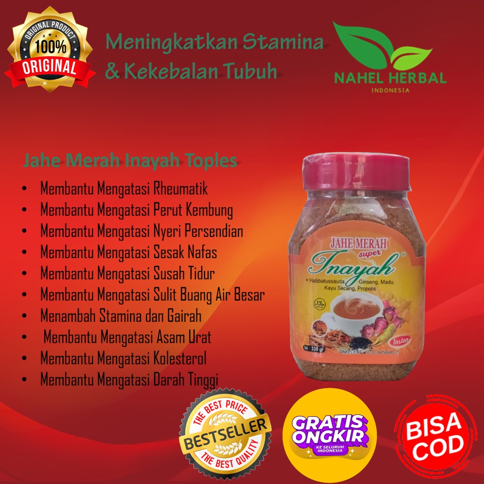 

Cod Jahe Bubuk Instan Inayah Toples 330G Penyembuh Luka Asam Urat Tinggi Paling Ampuh Original - Obat Herbal Kolesterol Dan Nyeri Sendi Rematik Tulang Punggung , Lutut ,Otot , Pasca Operasi Asli Resep Dokter - Jsr Binahong