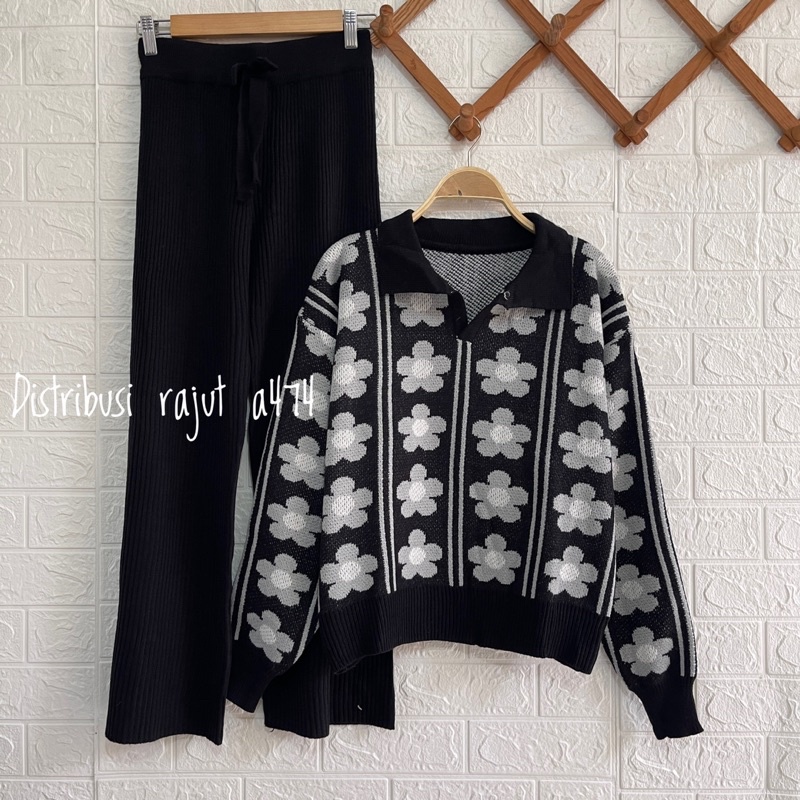 ONESET SWEATER AGNES MOTIF BUNGA SETELAN CELANA KULOT RAJUT