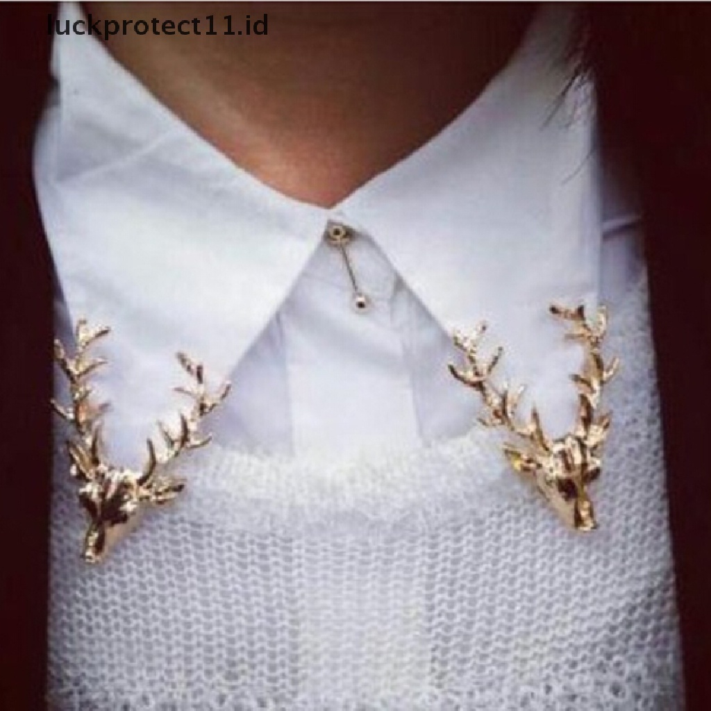 /Fashion Hot// Fashion// Unisex Hewan Bros Pin Lucu Berlapis Emas Tanduk Rusa Kepala Kerah Pin Brooch.