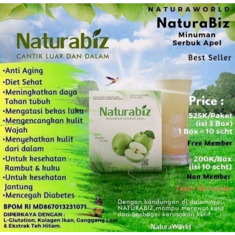 

Naturabiz 1 box isi 10 sacet 175.000,1paket 3 box 100 % Ori.. Free member 525.000.. 1 box 200.000