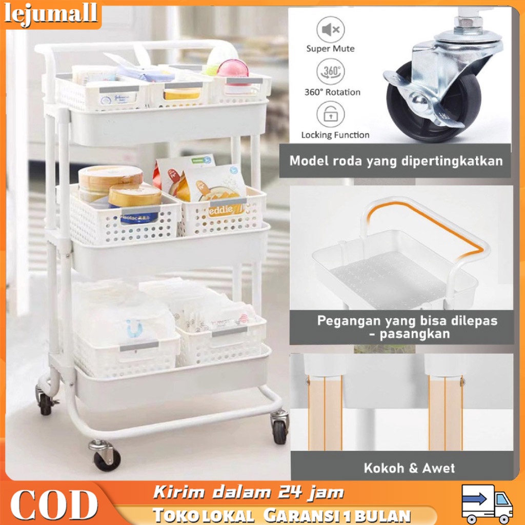 Rak Troli Dengan Roda 3 Susun Serbaguna Rak Dapur dengan Keranja Stainless Rak Buku Portable / Rak Bumbu Dapur / Rak Sudut Tempat Penyimpanan / Penyimpanan Bayi/Trolley Mengentalkan