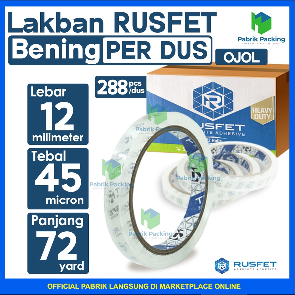 

Lakban / Selotip Rusfet Premium Super Clear 12mm x 72yard Termurah Per DUS Khusus Gojek/Grab