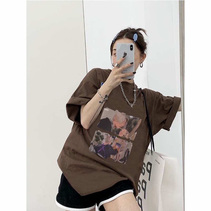 [100%  Katun]baju kaos wanita lengan pendek vintage oversize pattern printed T-shirt import kekinian kaos cream