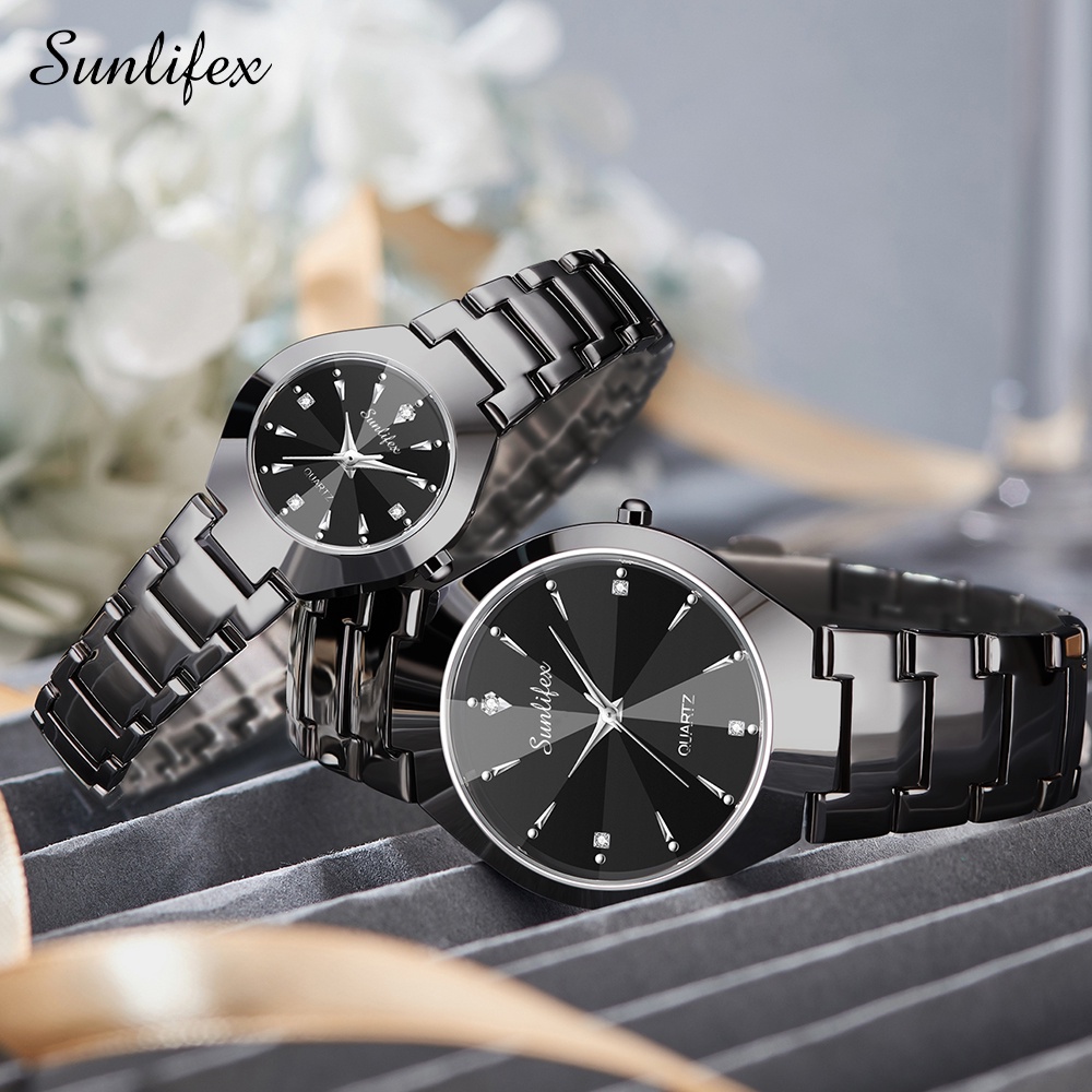Sunlifex Jam Tangan Couple 9090-M+SL9090-W Stainless Steel Berlian Anti Air Analog Bisnis Kuarsa Jam Tangan Wanita/Pria-Hitam
