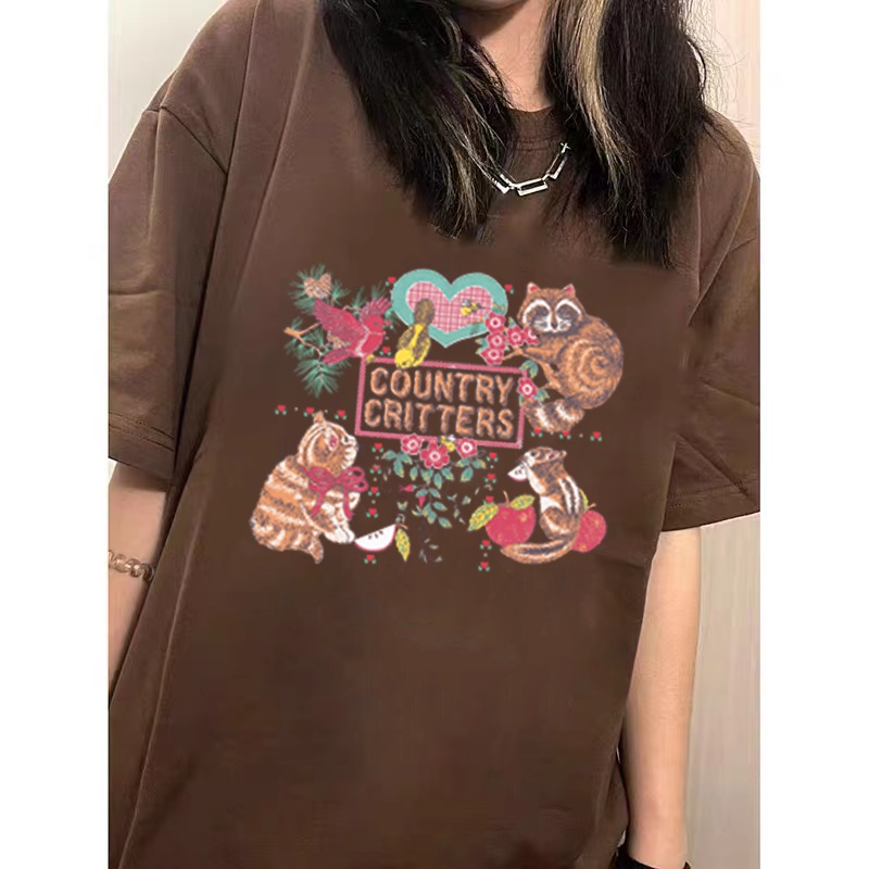 XIAOZHAINV Kaos Atasan Wanita Squirrel Pattern Lengan Pendek A0024