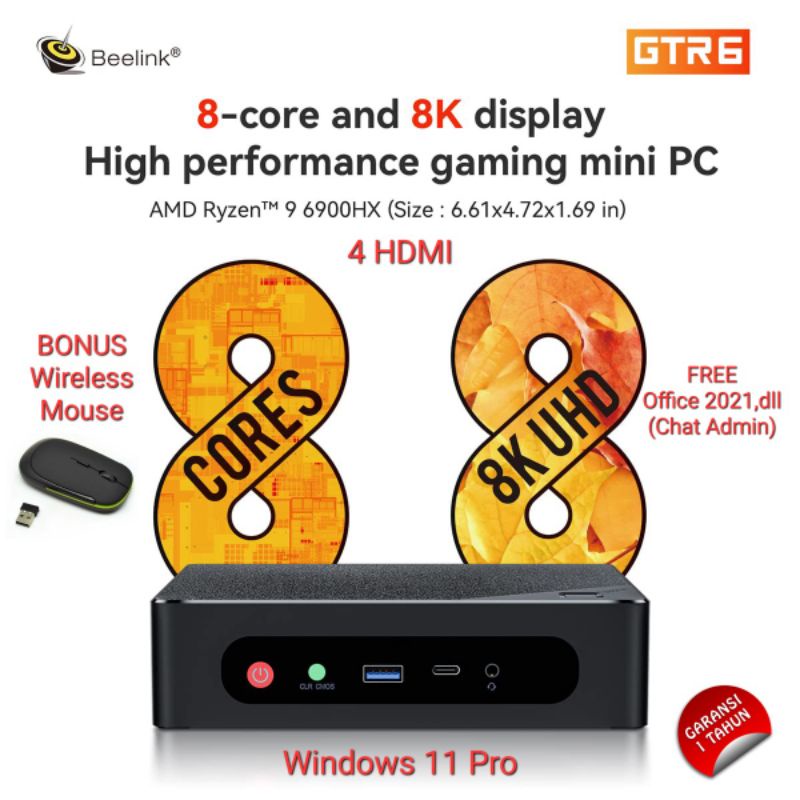 Mini PC Beelink GTR6 6900HX AMD Ryzen 9 32/500GB Core 8 4 HDMI 8K Windows 11 PRO