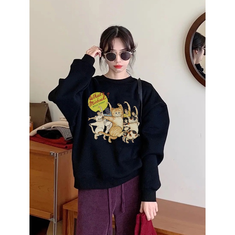 XiaoZhaiNv Korean Style Dancing Cat Pattern Lengan Panjang Baju Sweater Wanita