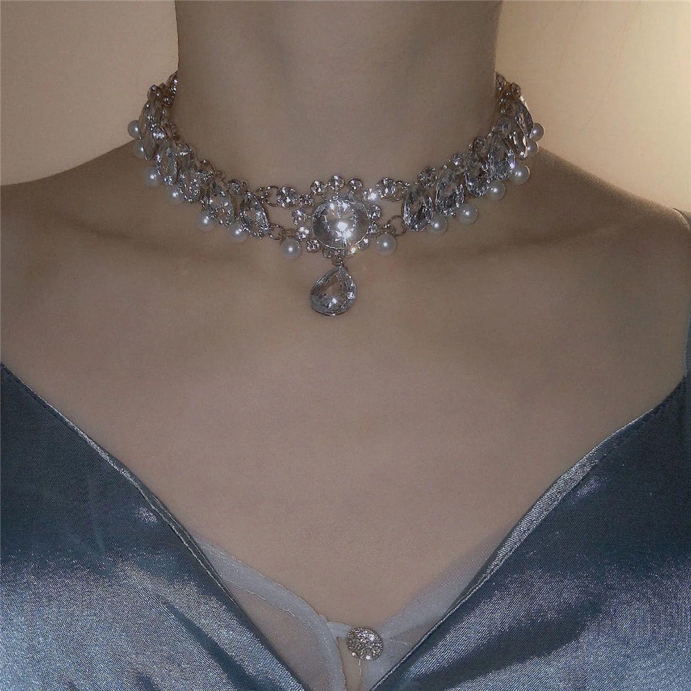 [COD Tangding] Mutiara Elegan Rhinstone Tetesan Air Bunga Kalung Wanita Mewah Choker Klavikula Rantai Perhiasan