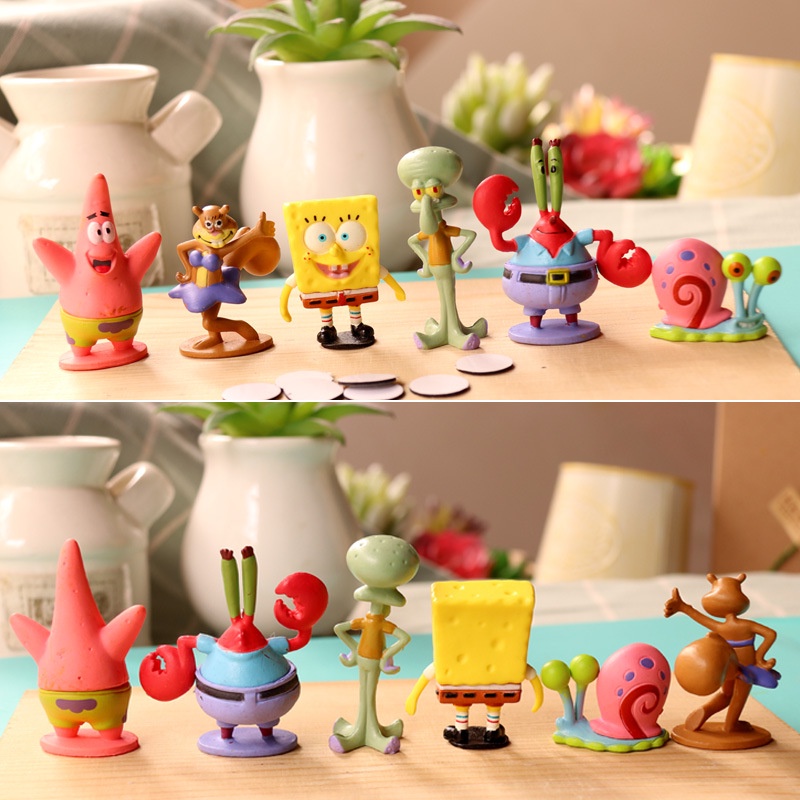 Kawaii Spongebob Kartun Figure Gantungan Kunci Boneka Pie Bintang Kepiting Bos Siput Figure Model Koleksi Mainan Pvc 8pcs/set