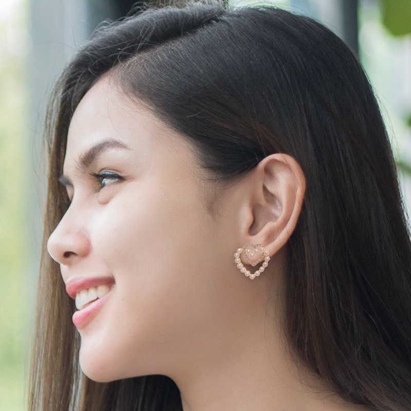 Baru Manis Berlian Imitasi Mutiara Double Heart Stud Earrings Untuk Wanita Gadis Fashion Lucu Perhiasan Pesta Korea Cinta Anting Hadiah